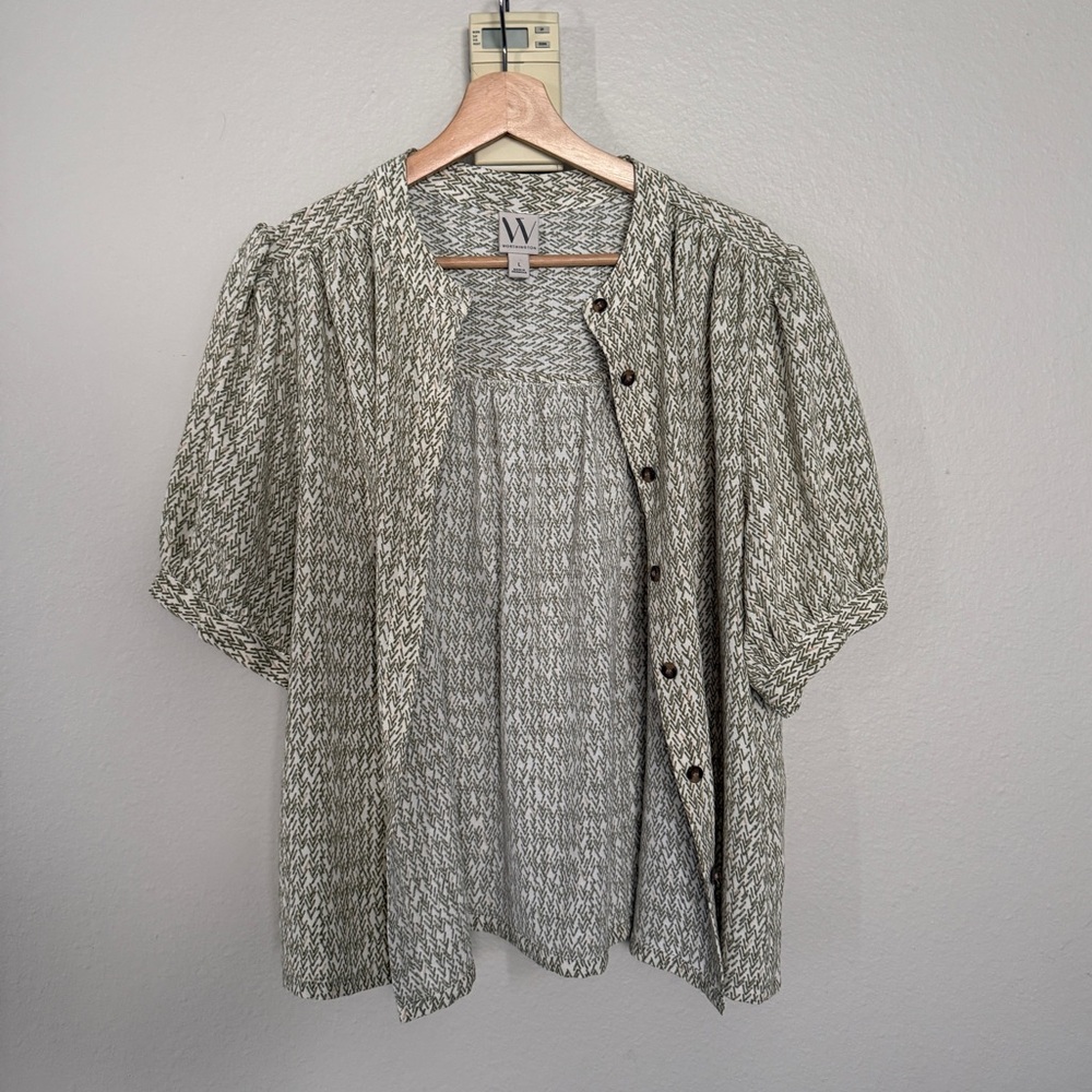 Worthington Olive and Cream Marled Button-Front Knit Top